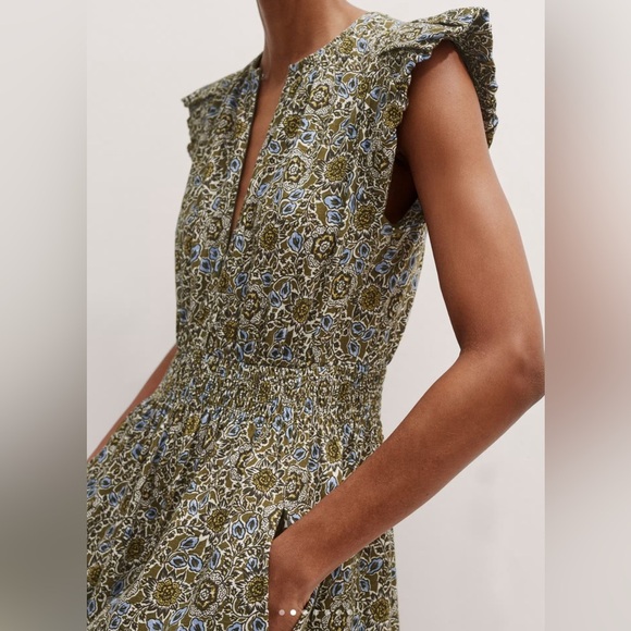 Me + Em Cotton Trailing Lotus Print Midi Dress Size 4 Olive Green Blue Floral - Picture 4 of 16